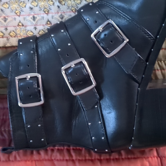 LORD & TAYLOR* 3 buckled strap studded block heel side zip moto boots - Picture 7 of 16